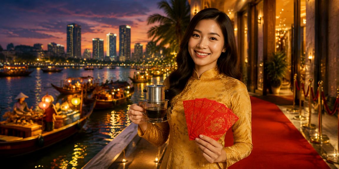 Không khí Đà Nẵng với phong bì đỏ may mắn và cà phê Việt Nam trong không gian giải trí trực tuyến