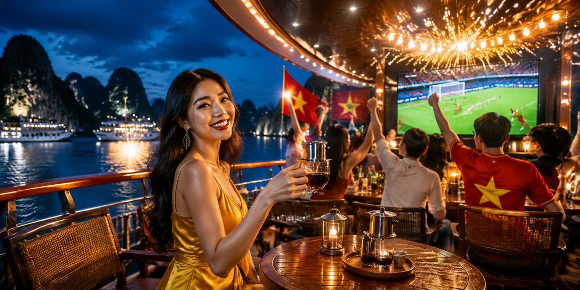 Người dùng tại vịnh Hạ Long theo dõi kèo bóng đá và kiểm tra khuyến mãi trên điện thoại